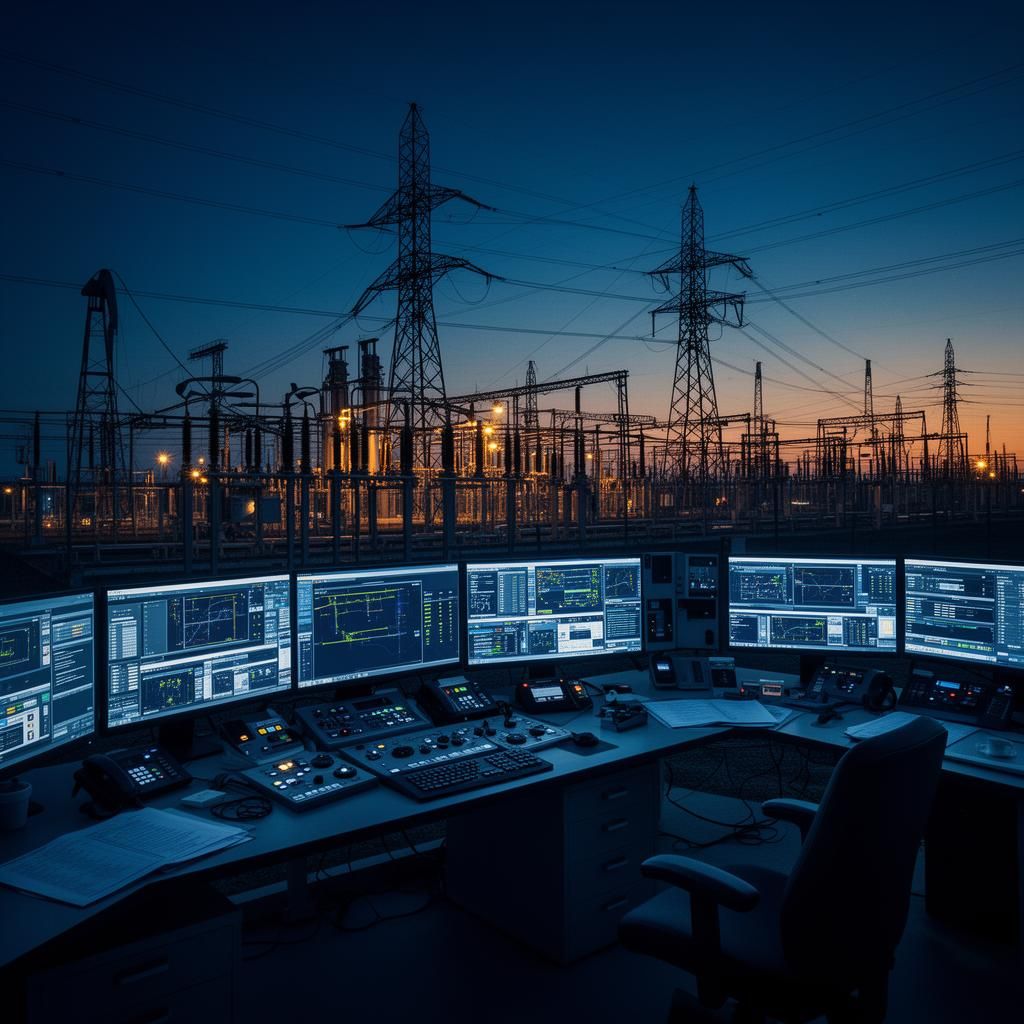 Substation control room overlooking transmission yard at dusk